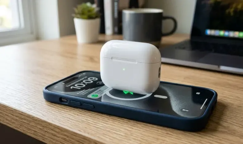 AirPods Pro 2 en estuche de carga blanca sobre iPhone