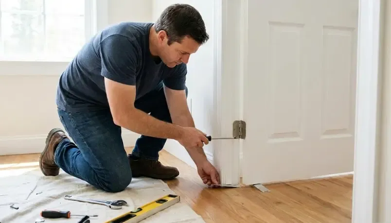 Esquema visual de una puerta indicando los puntos de fricción y las bisagras a ajustar