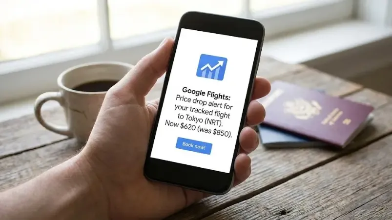 Captura de pantalla de un smartphone mostrando una notificación de bajada de precio de vuelo en Google Flights