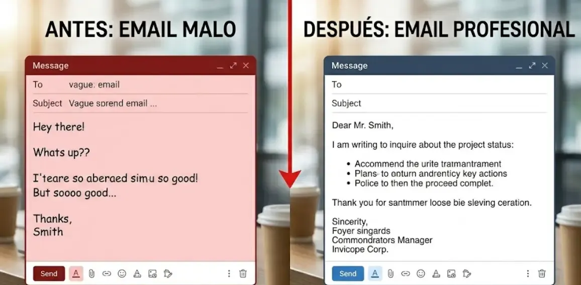 Antes vs Después: email malo vs email profesional en redacción empresarial