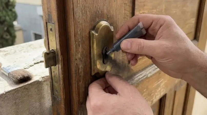 Persona aplicando un tubo de polvo de grafito negro en la ranura de la cerradura de una puerta de madera