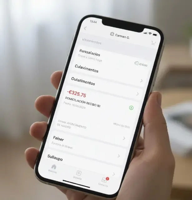 Pantalla de una aplicación bancaria en el móvil mostrando un cargo domiciliado del Impuesto de Bienes Inmuebles