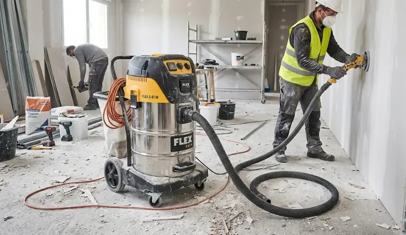 Un hombre con mascarilla FFP3 utilizando una aspiradora industrial amarilla sobre un suelo cubierto de polvo de yeso blanco