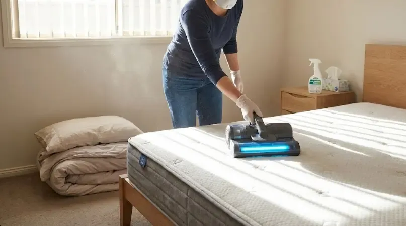 Persona aspirando un colchón blanco con una aspiradora de mano especial antiácaros
