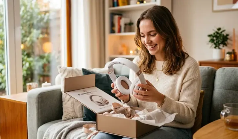 Auriculares inalámbricos de diseño Bang & Olufsen en aluminio dorado sobre una base de mármol blanco, con estuche de carga de piel
