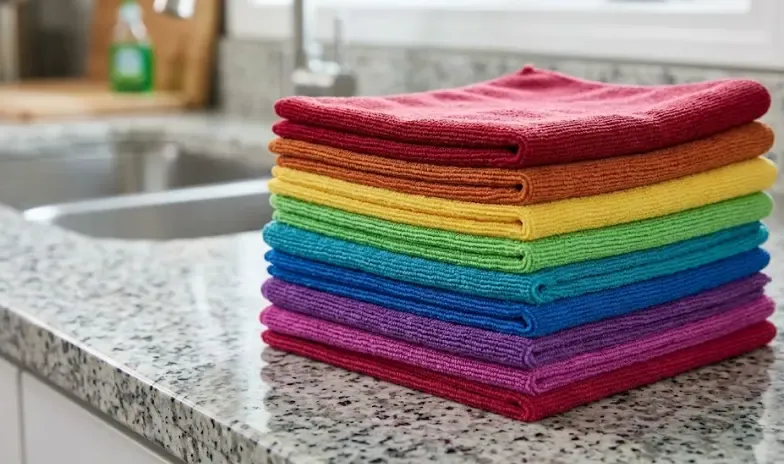 Pack de bayetas de microfibra de diferentes colores para organizar la limpieza por zonas