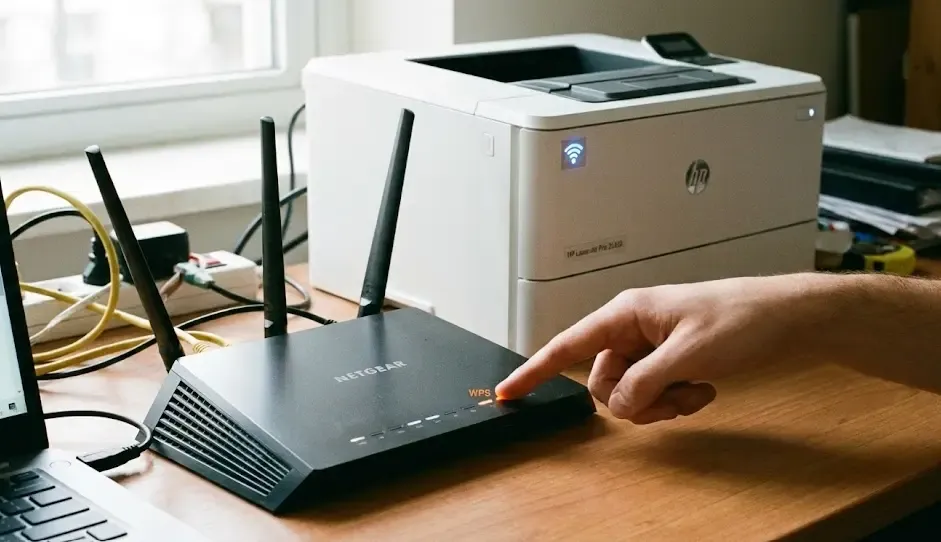 Diagrama que compara la conexión por cable USB vs. conexión WiFi de una impresora a un ordenador y un router