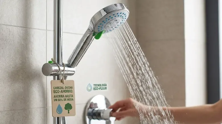 Cabezal de ducha ecológico con chorro aireado en baño blanco ahorro agua