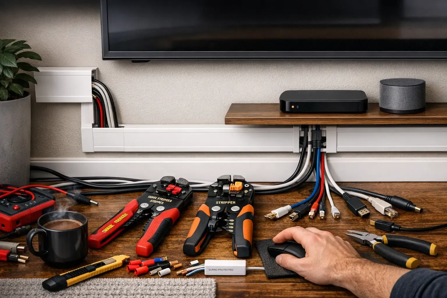 Organización del cableado en salón con canaletas y regleta