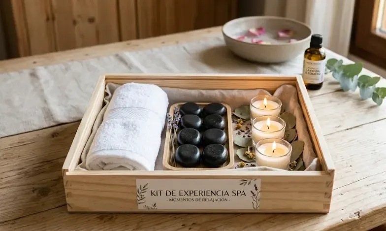 Caja de experiencia de spa con piedras, velas y toalla blanca, sobre fondo de madera clara