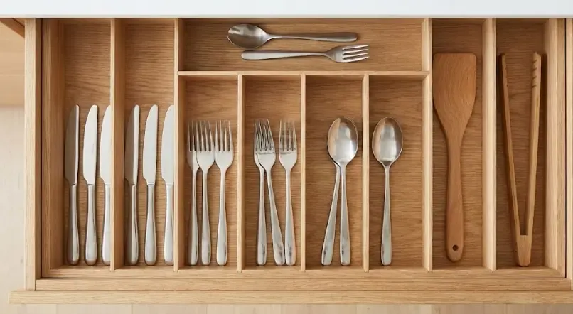 Cajón de cocina perfectamente organizado con divisores y utensilios mínimos necesarios
