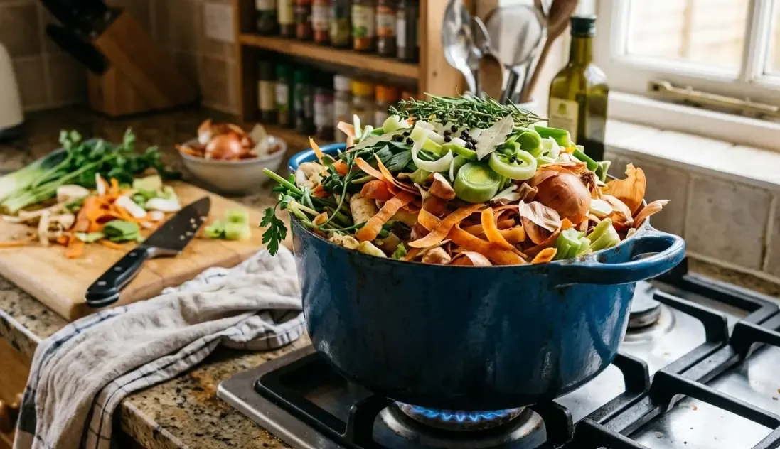Una olla rebosante de peladuras de zanahoria, cebolla y puerro, lista para hacer un caldo de aprovechamiento