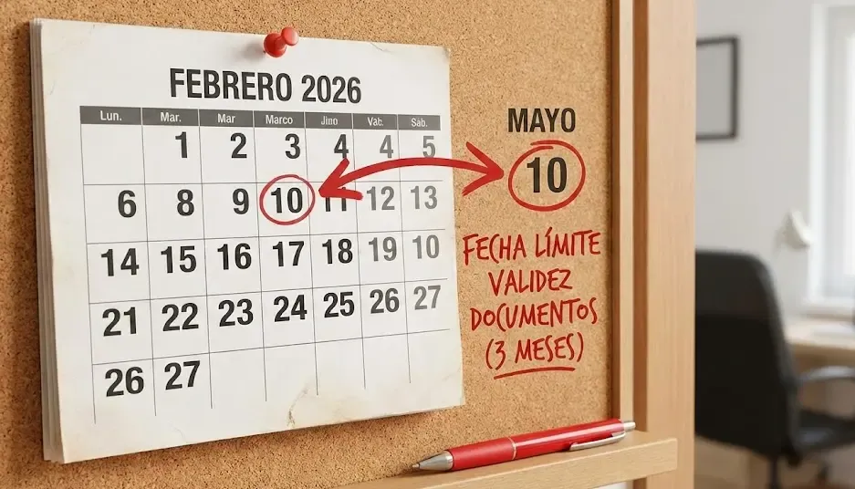 Calendario marcando la fecha límite de 3 meses para la validez de documentos