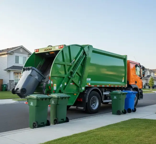 Camión de basura municipal recogiendo contenedores, ilustrando el servicio por el que se paga la tasa de basuras