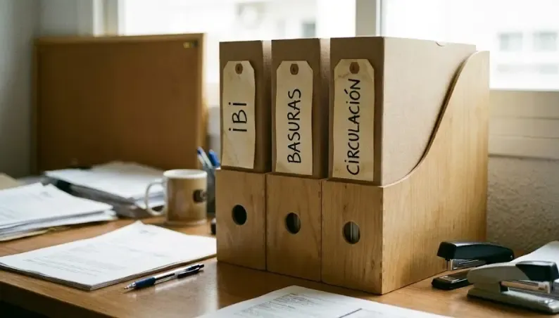 Tres carpetas con etiquetas de IBI, Basuras y Circulación organizadas sobre un escritorio