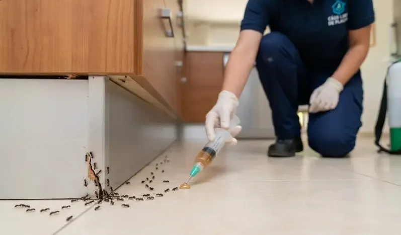 Un cebo para hormigas colocado cerca de un rodapié de madera mientras unas hormigas exploradoras se acercan a investigar