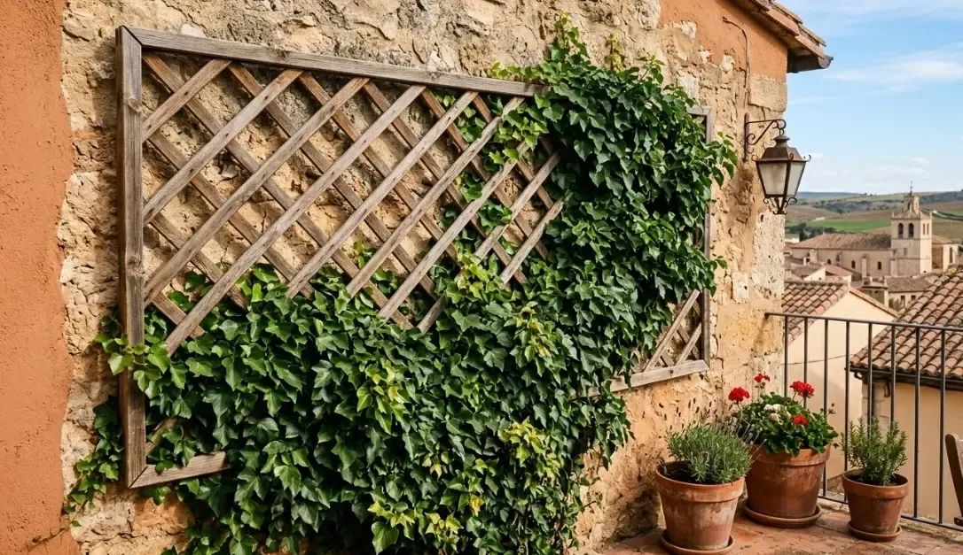 Una pared exterior de terraza con una celosía de madera parcialmente cubierta por una planta de hiedra trepadora verde