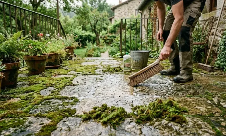 Cepillado manual de suelos de terraza con cepillo de cerdas duras