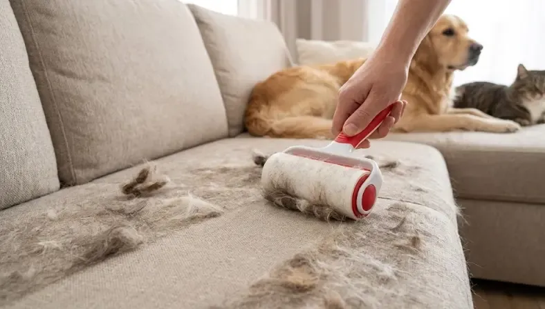 Mano pasando un moderno cepillo rodillo quita pelos electrostático de color rojo por un sofá lleno de pelo de gato blanco