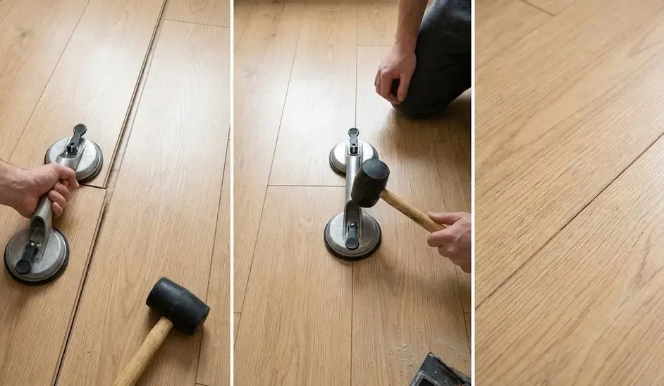 Imagen mostrando cómo cerrar una junta de suelo laminado usando una ventosa y un martillo