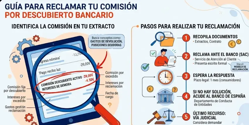 Detalle de un extracto bancario en papel con un cargo de comisión por descubierto resaltado en rojo con un bolígrafo