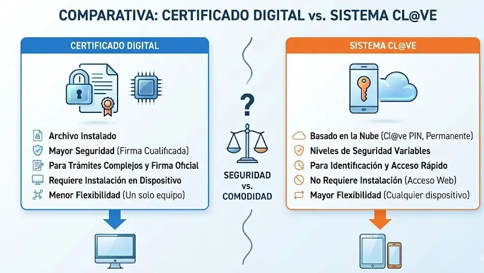 Infografía comparativa entre Certificado Digital y Sistema Cl@ve