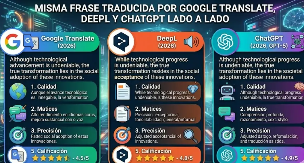 Misma frase traducida por Google Translate, DeepL y ChatGPT lado a lado