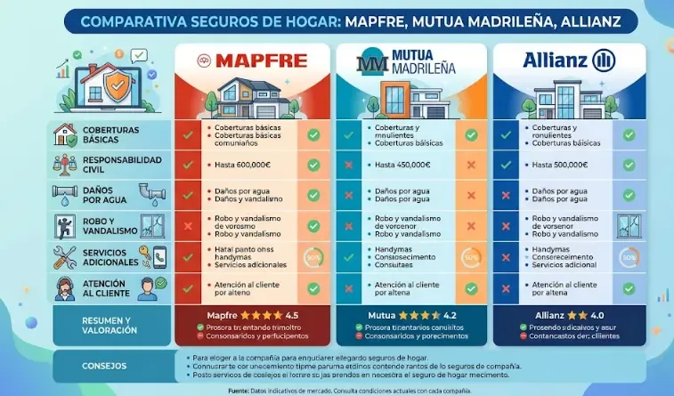 Infografía comparativa de las tres aseguradoras con iconos de casa y escudos de protección