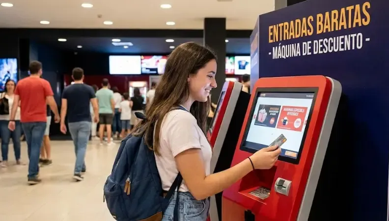 Pareja comprando entradas de cine en una máquina expendedora automática usando una tarjeta de descuento