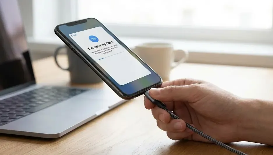 Mano conectando un cable USB tipo C a un teléfono móvil para transferir datos