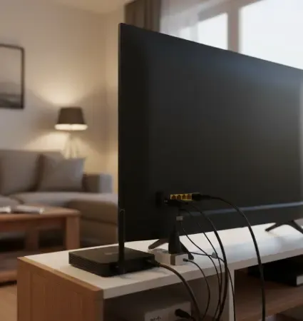 Esquema visual mostrando la conexión por cable Ethernet desde el router a la parte trasera de una Smart TV