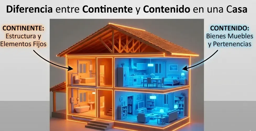 Infografía muy detallada y explicativa diferenciando de forma muy visual qué elementos estructurales son continente y cuáles objetos móviles son contenido dentro del plano de una casa