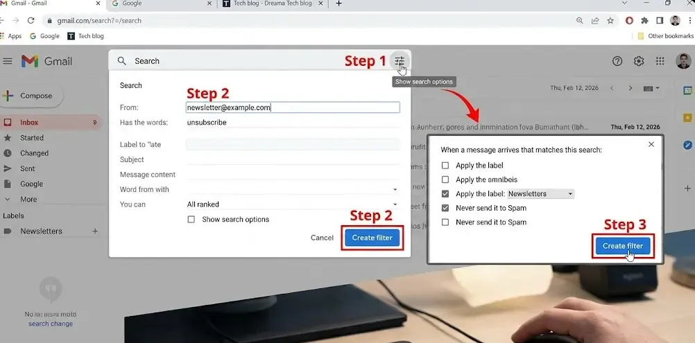 Captura de pantalla de la creación de un filtro en Gmail paso a paso
