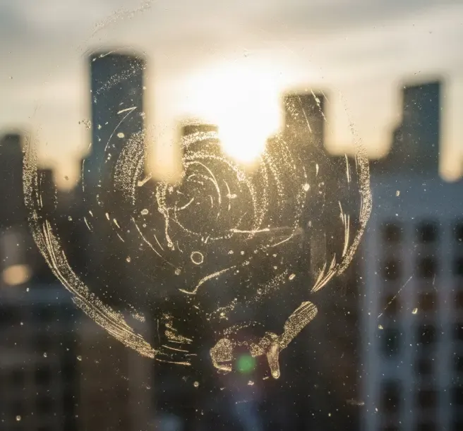 Primer plano de un cristal con marcas de limpieza al sol