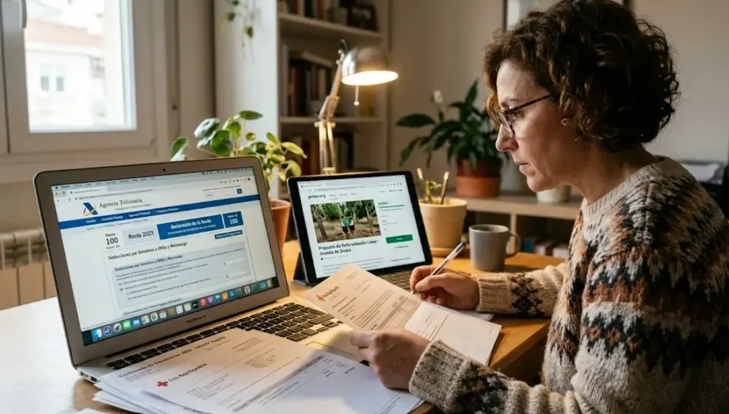 Persona revisando su declaración de la renta con documentos de donaciones y una plataforma de crowdfunding en pantalla