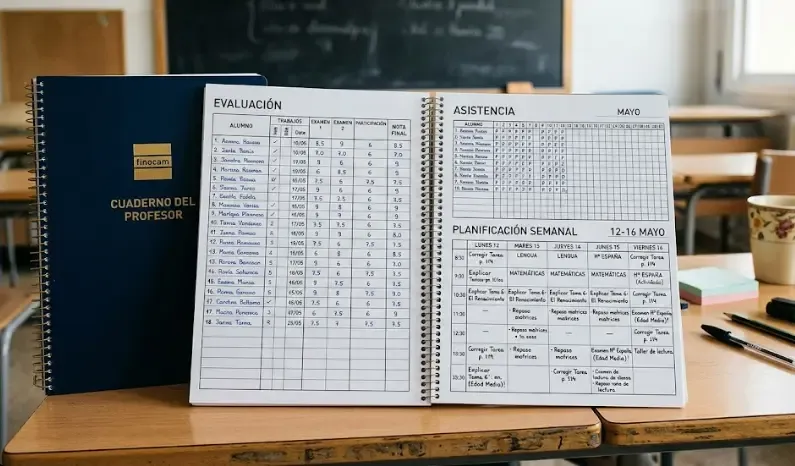 Cuaderno del profesor Finocam o similar abierto mostrando páginas de evaluación, asistencia y planificación semanal