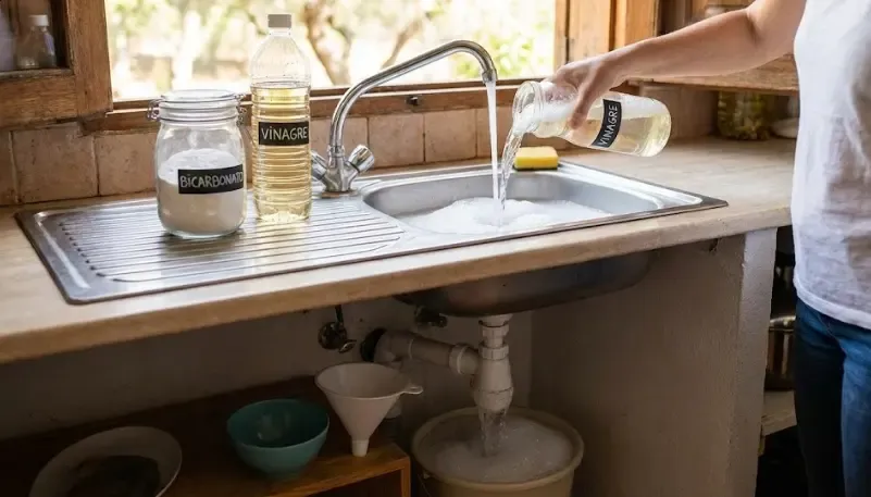 Reacción química efervescente de vinagre y bicarbonato en un desagüe de acero inoxidable