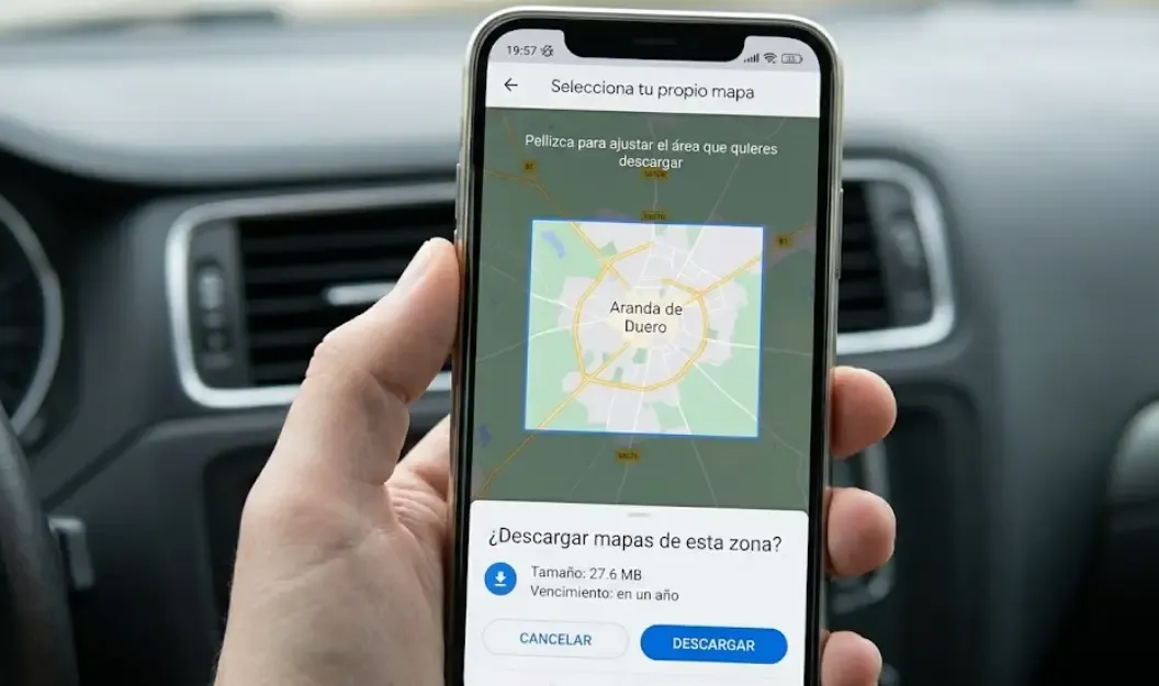 Pantalla de smartphone mostrando el recuadro azul para descargar mapas sin conexión en Google Maps