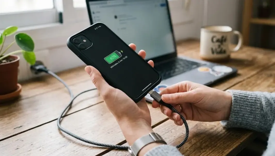 Una persona desconectando un smartphone negro de un cable trenzado USB-C cuando la pantalla marca un 82% de batería
