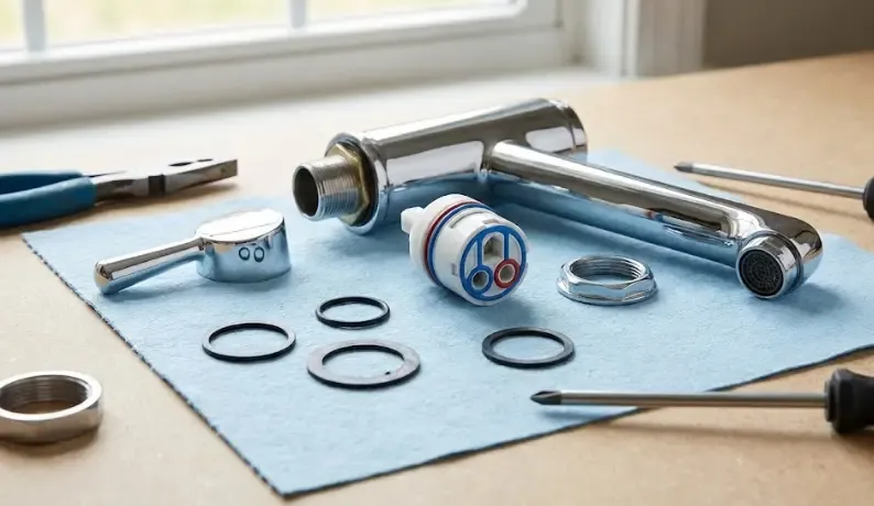 Despiece de un grifo monomando mostrando el cartucho cerámico interior