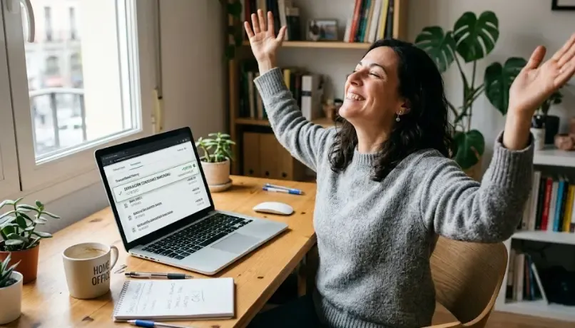 Un hombre con expresión de alivio mirando la pantalla de su ordenador portátil tras recibir una notificación de devolución bancaria