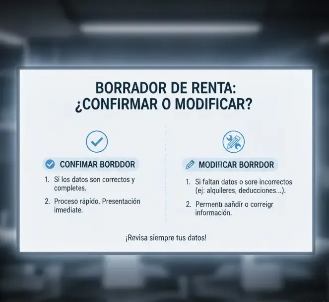 Infografía sencilla explicando la diferencia entre confirmar borrador y modificar borrador
