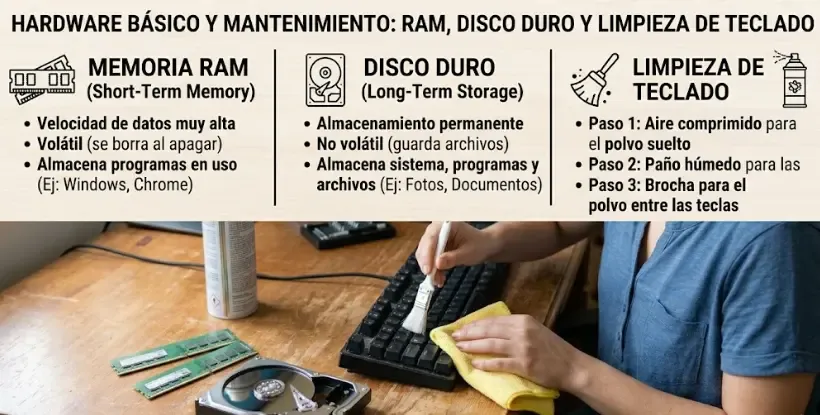 Un interior de ordenador mostrando las tarjetas de memoria RAM instaladas en la placa base junto a un disco duro SSD
