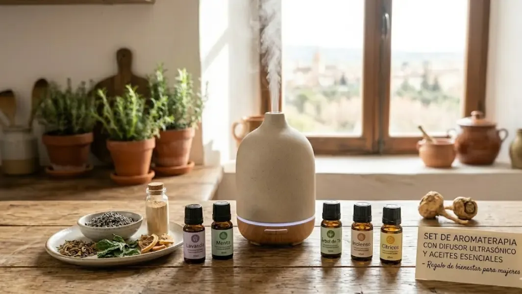 Set de aromaterapia con difusor ultrasónico y aceites esenciales, regalo de bienestar para mujeres