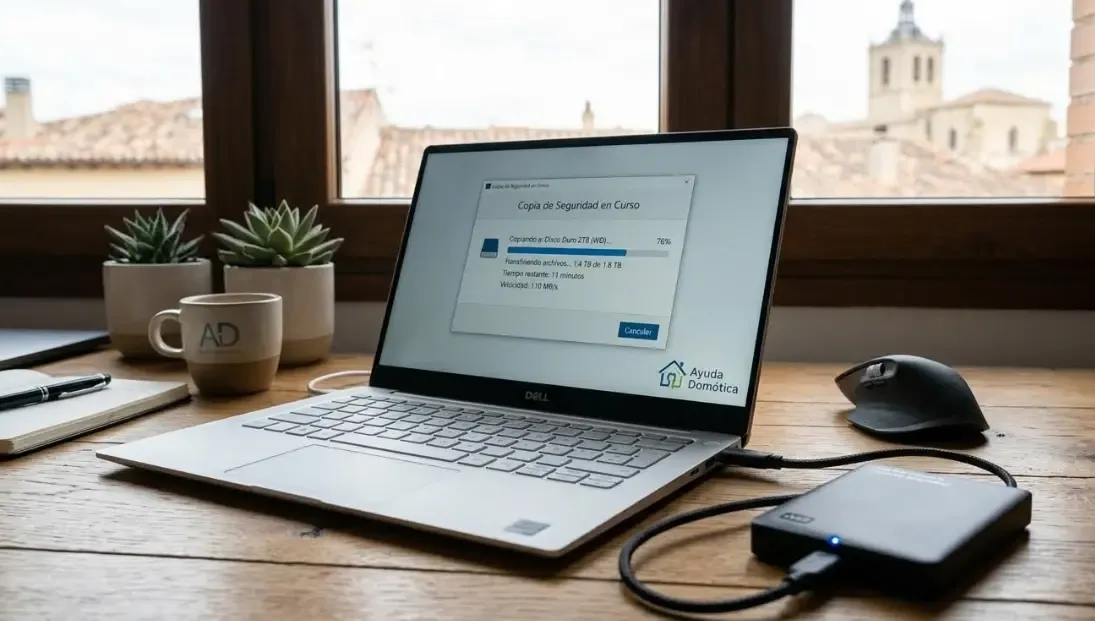 Un disco duro externo conectado por USB a un ordenador portátil plateado durante un proceso de copia de seguridad