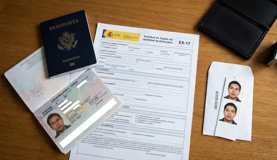 Documentos necesarios esparcidos sobre una mesa para la toma de huellas: pasaporte, modelo EX-17 y fotos carnet