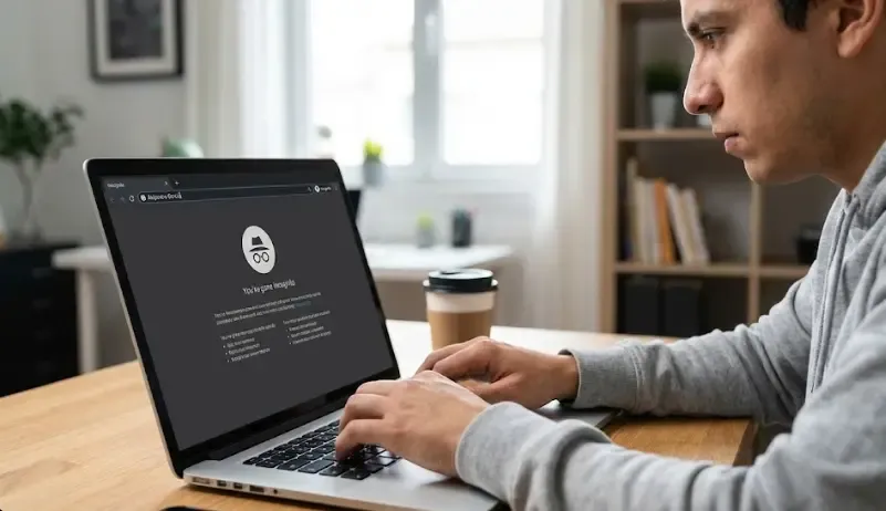 Persona realizando una búsqueda de su propio nombre en modo incógnito en un portátil