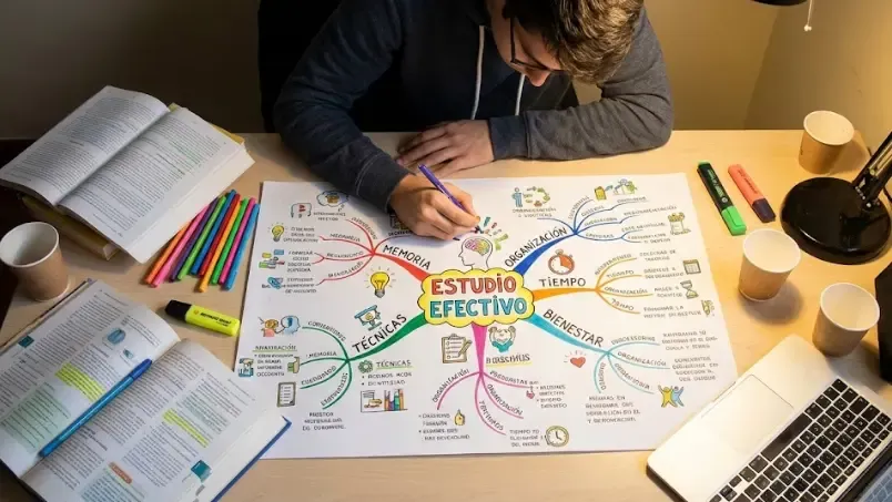 Ejemplo de un mapa mental colorido con ramas y dibujos sobre un tema de estudio