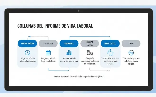 Infografía explicando las columnas de un informe de vida laboral