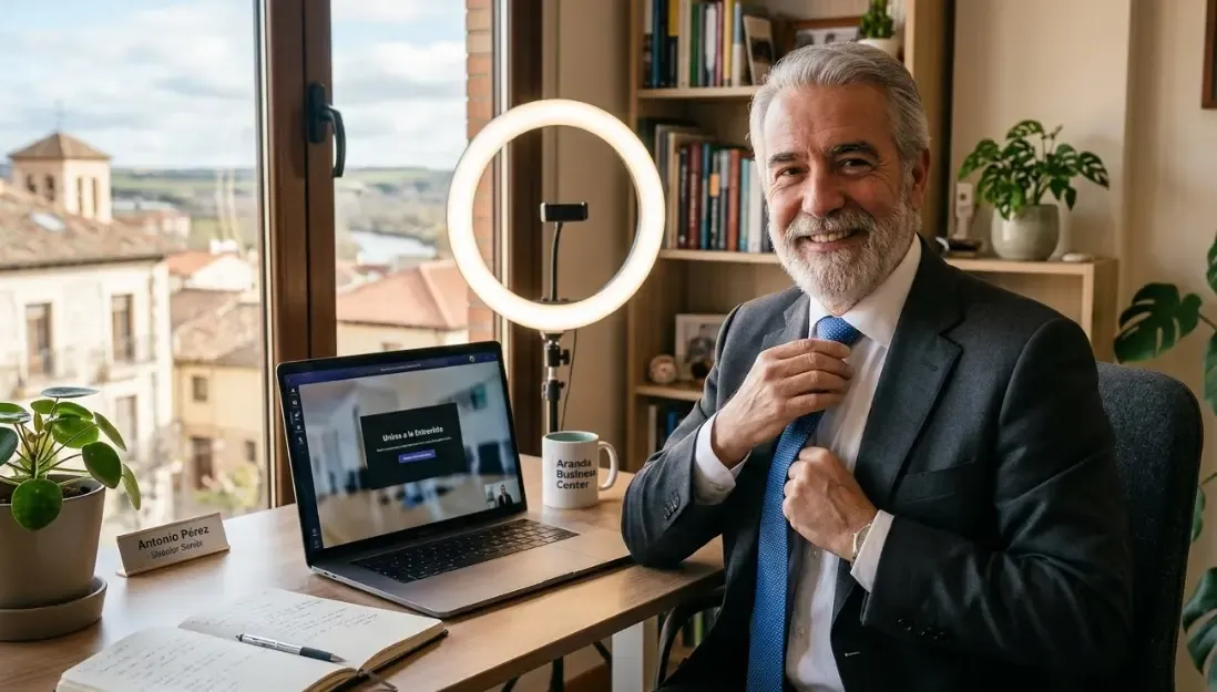 Un profesional senior sonriendo y ajustando su corbata mientras se prepara para una entrevista de trabajo por videollamada con un anillo de luz